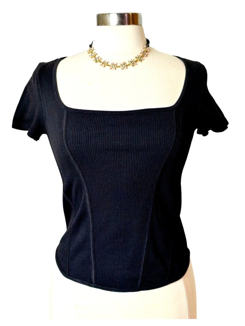 No Boundaries Junior L Black Ribbed Top Sq Neck Corset Short Slv Stretchy Goth